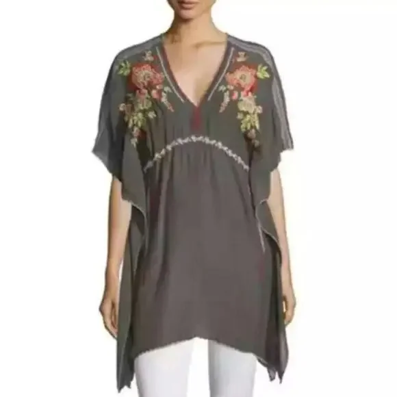 Johnny Was Cherise V-Neck Embroidered Poncho Tunic Grey & Pink Size Medium - Picture 1 of 5